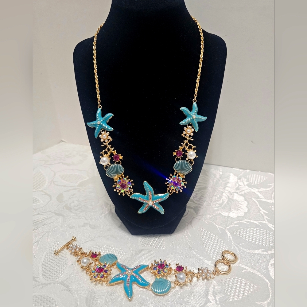 New Elegant Beach Starfish Necklace & Bracelet With Faux Pearls Vacation Style